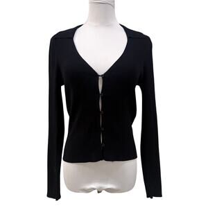H&M Black Rib Knit Button Front Cardigan Top Collared Long Sleeve V Neck Medium